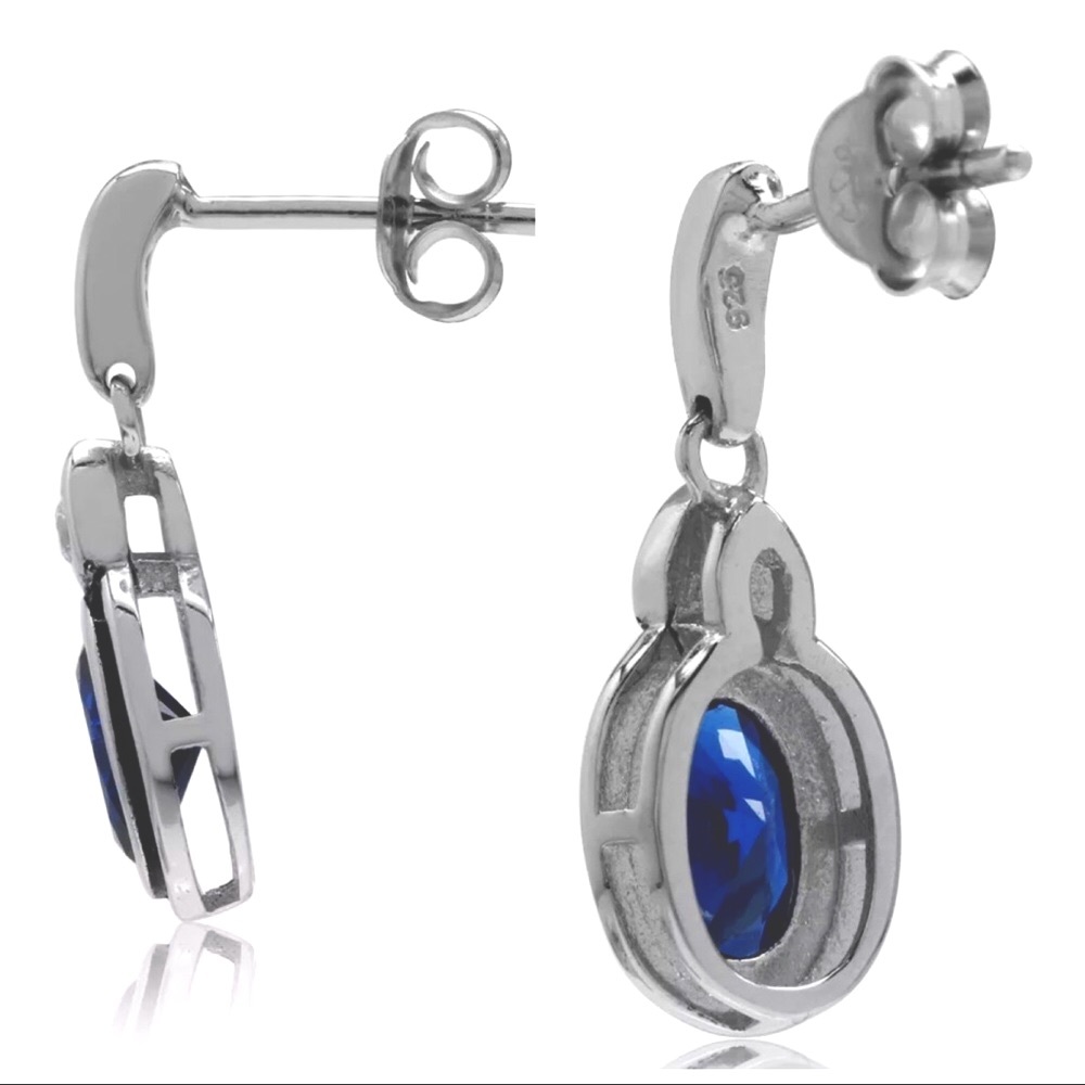 New Sapphire Water Drop Dangle Post 14K & Sterling Silver .925K Earrings - Picture 4 of 7